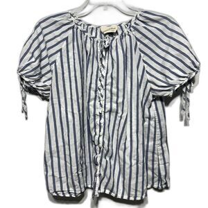 Universal Thread Top Button Up Puff Sleeve Blue White Stripe Nautical Women sz M